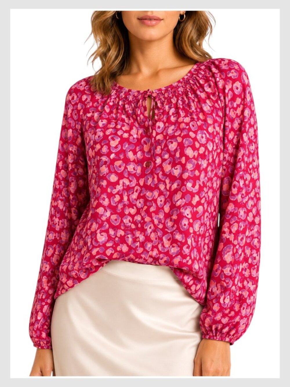 Tucker Silk Blend Blouse Coral Floral Smocked L